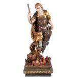 &quot;Saint Michael defeating the devil&quot;. Carved, gilded and polychromed wooden sculpture. Cast
