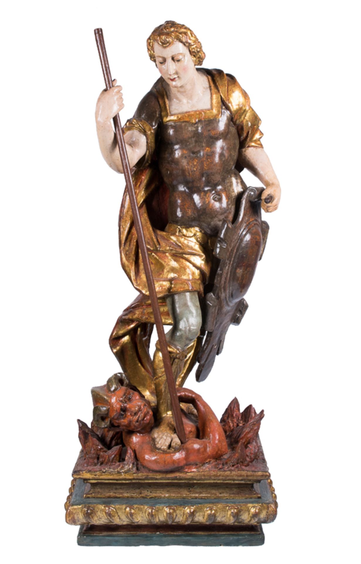 &quot;Saint Michael defeating the devil&quot;. Carved, gilded and polychromed wooden sculpture. Cast