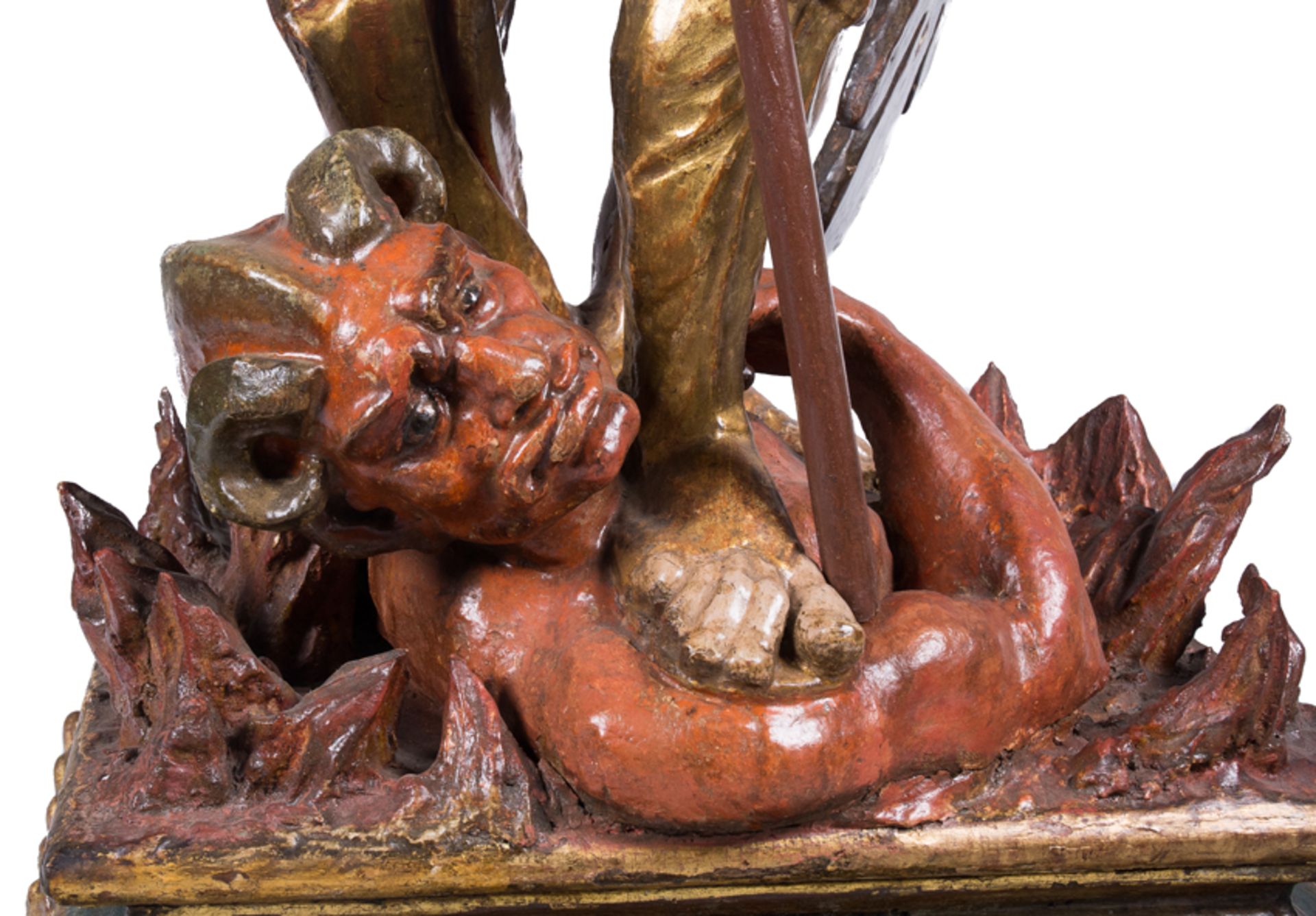 &quot;Saint Michael defeating the devil&quot;. Carved, gilded and polychromed wooden sculpture. Cast - Image 7 of 9