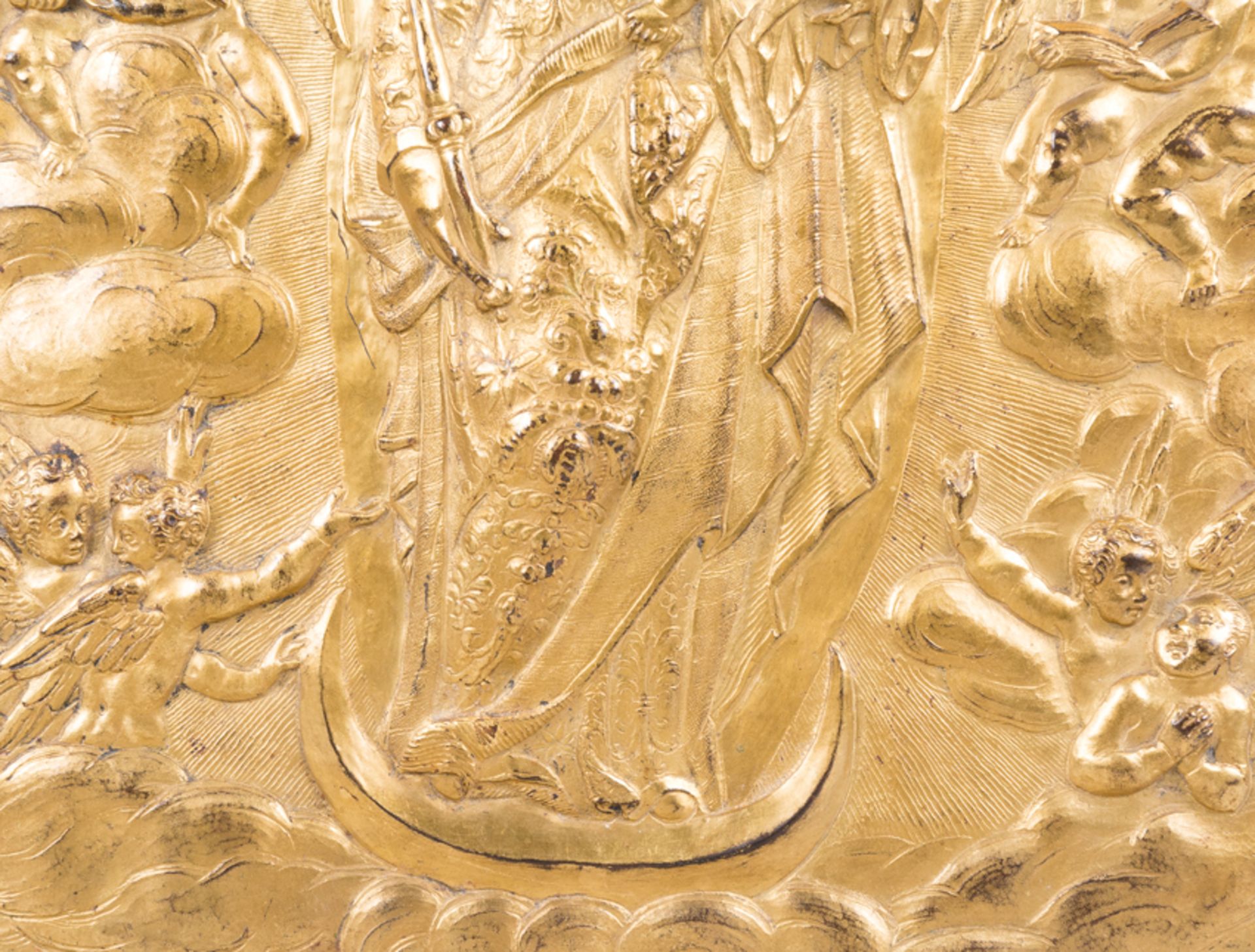 &quot;The Coronation of the Virgin Mary&quot;. Gilded and embossed copper relief. Flemish or Italian - Image 4 of 7