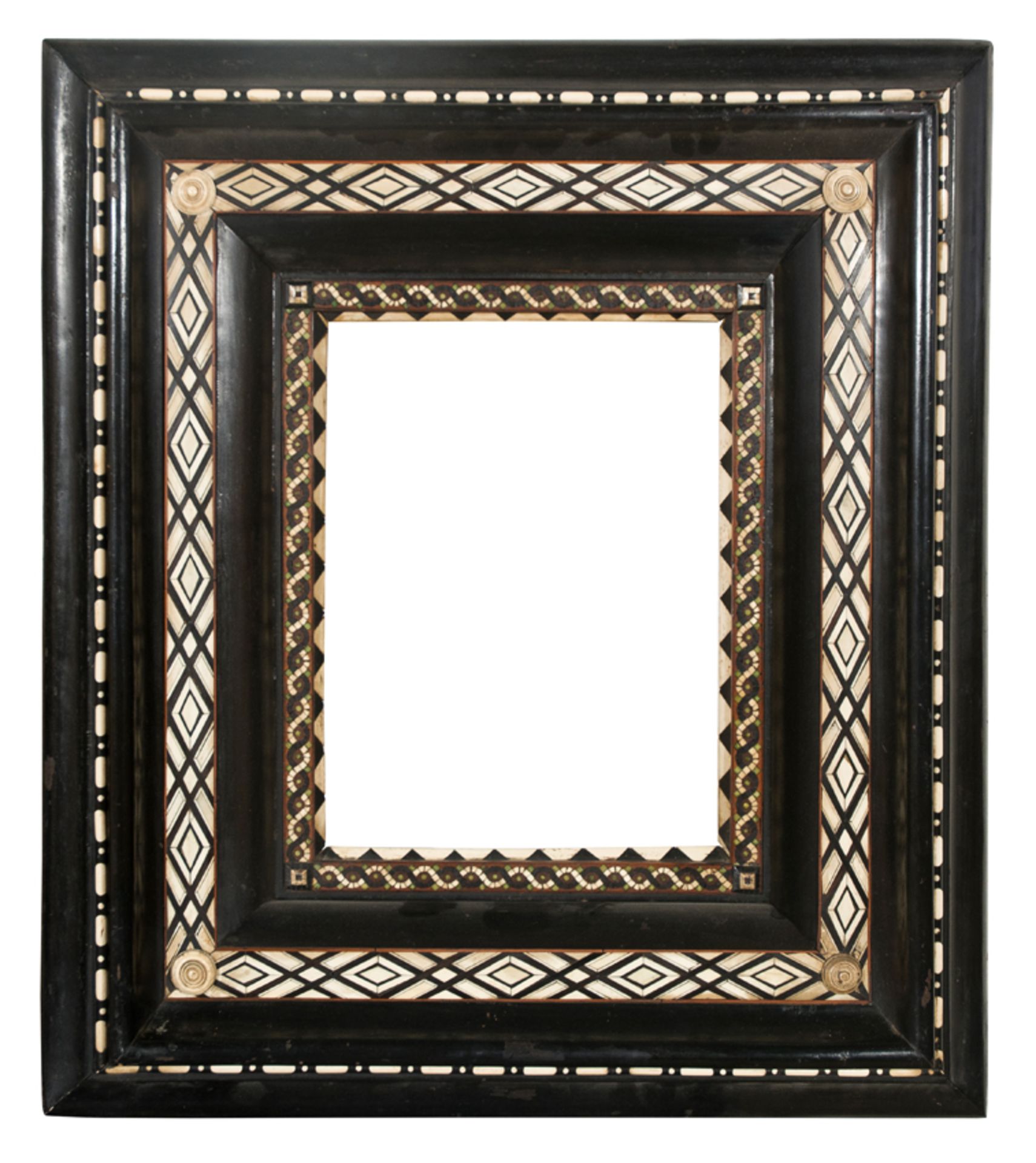 Pair of imposing carved, ebonised wooden frames with applications of bone and stained bone. Venice. - Image 3 of 8