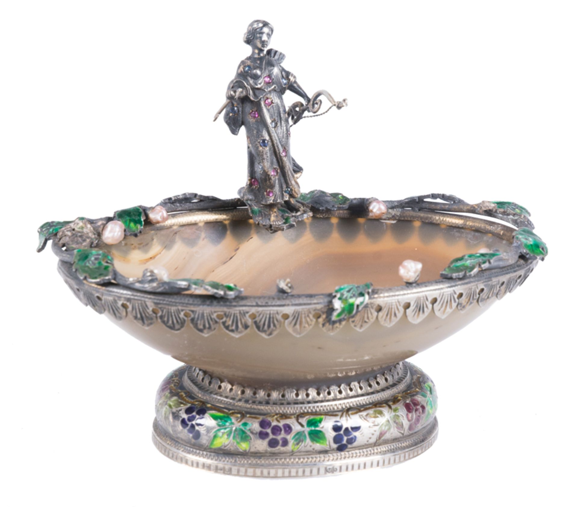 Carnelian or onyx salt cellar with silver and enamel mount. Possibly Vienna. 19th century.