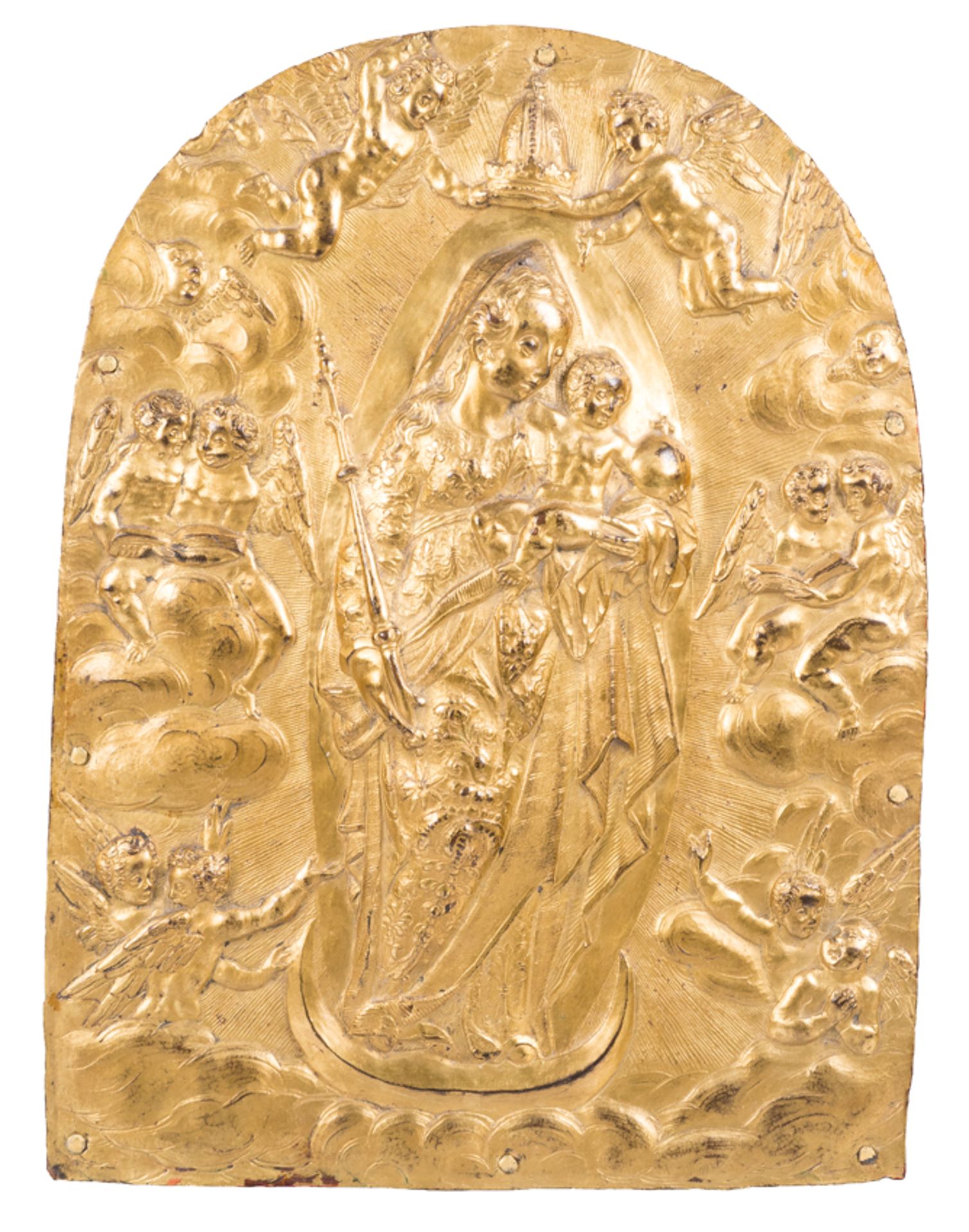 &quot;The Coronation of the Virgin Mary&quot;. Gilded and embossed copper relief. Flemish or Italian