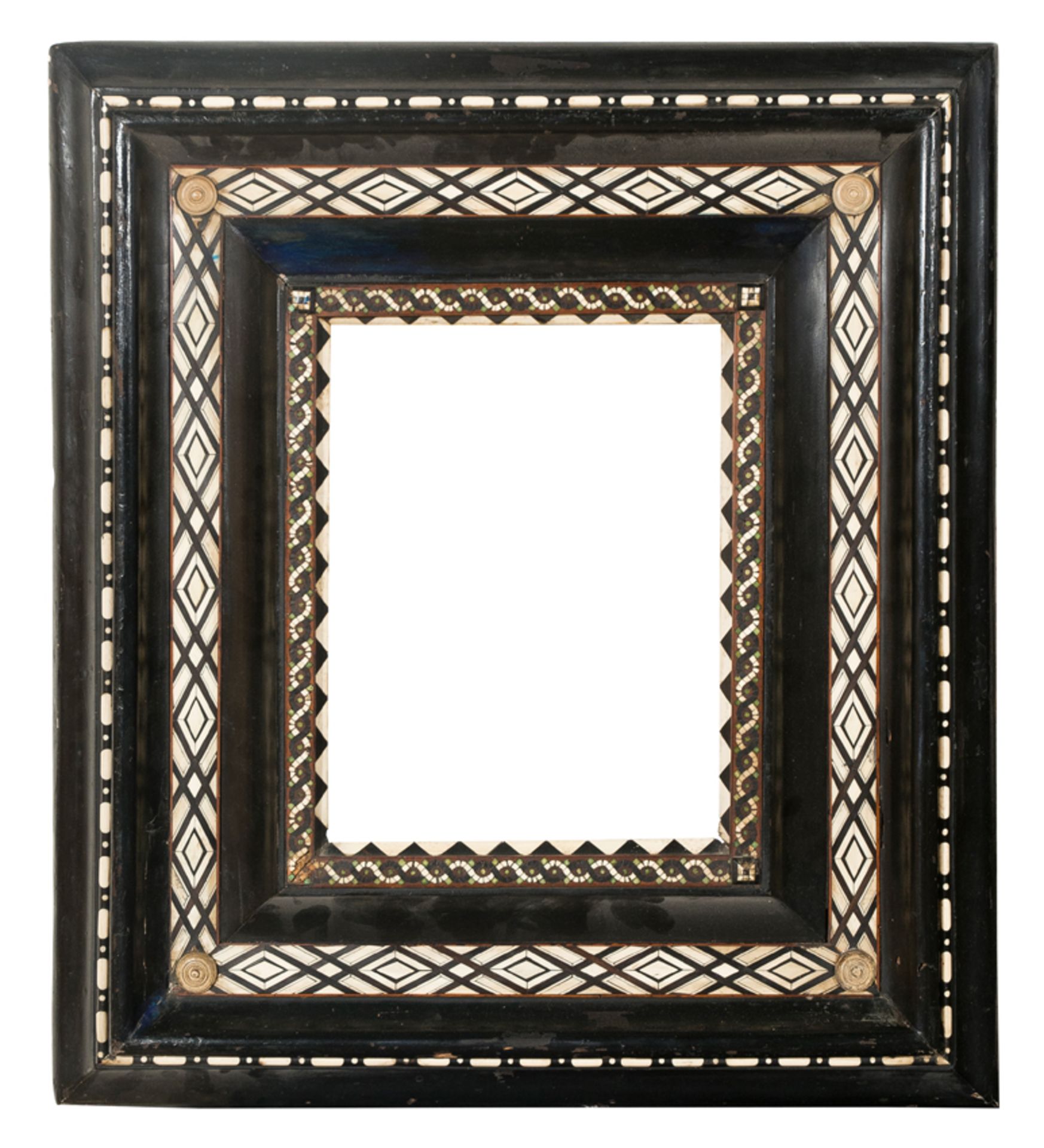 Pair of imposing carved, ebonised wooden frames with applications of bone and stained bone. Venice. - Image 2 of 8