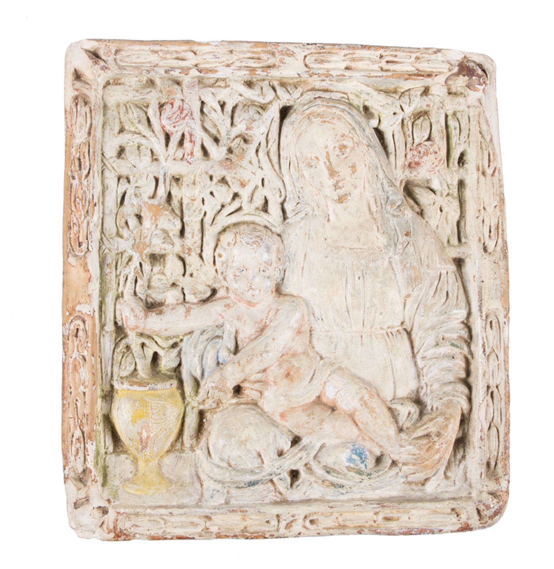 &quot;Madonna and Child&quot;. Bas-relief in patinated terracotta. Italian school. Renaissance. 16th