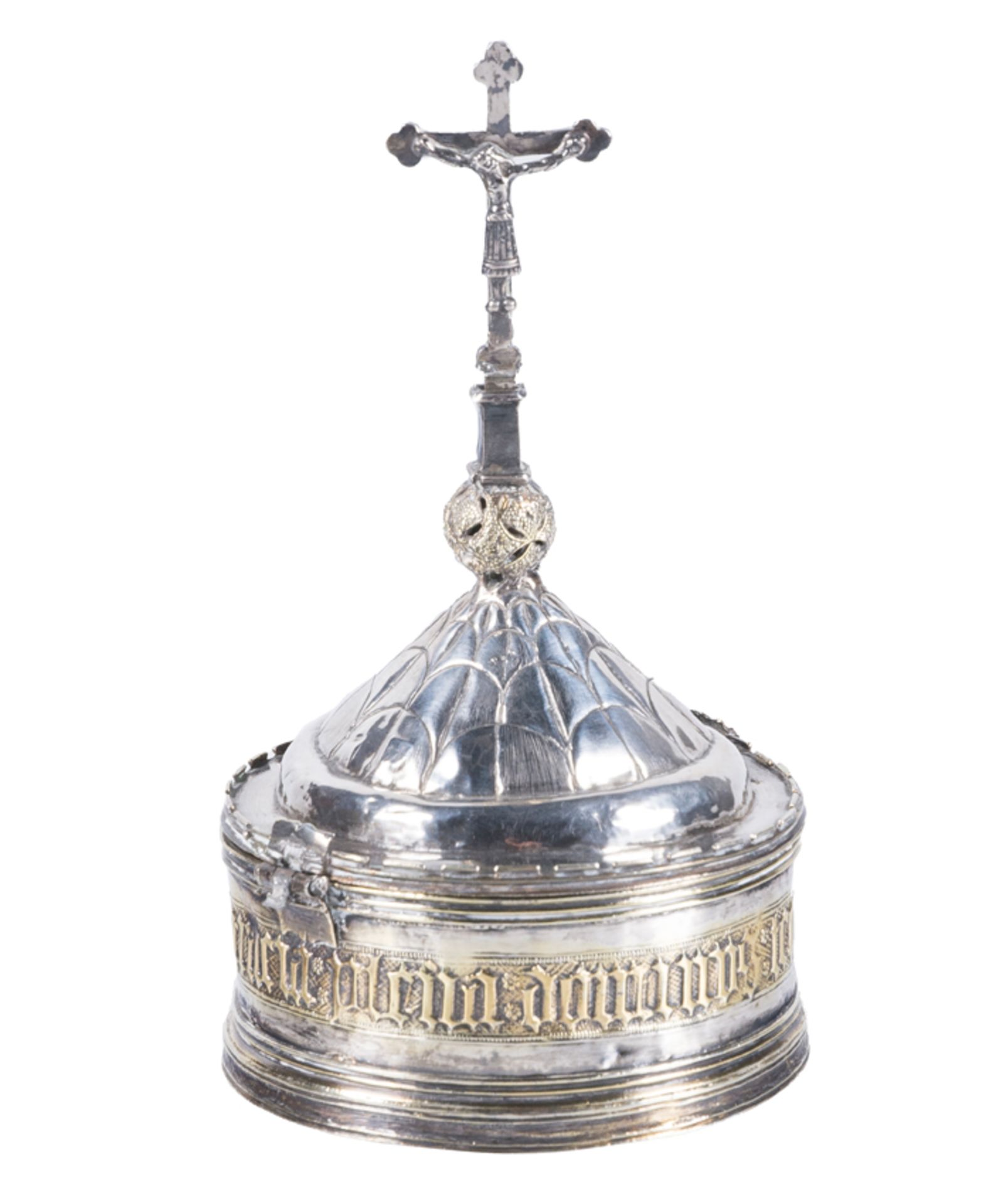 Spanish silver pyx with silver vermeil interior. Possibly Burgos. Gothic. 15th century.