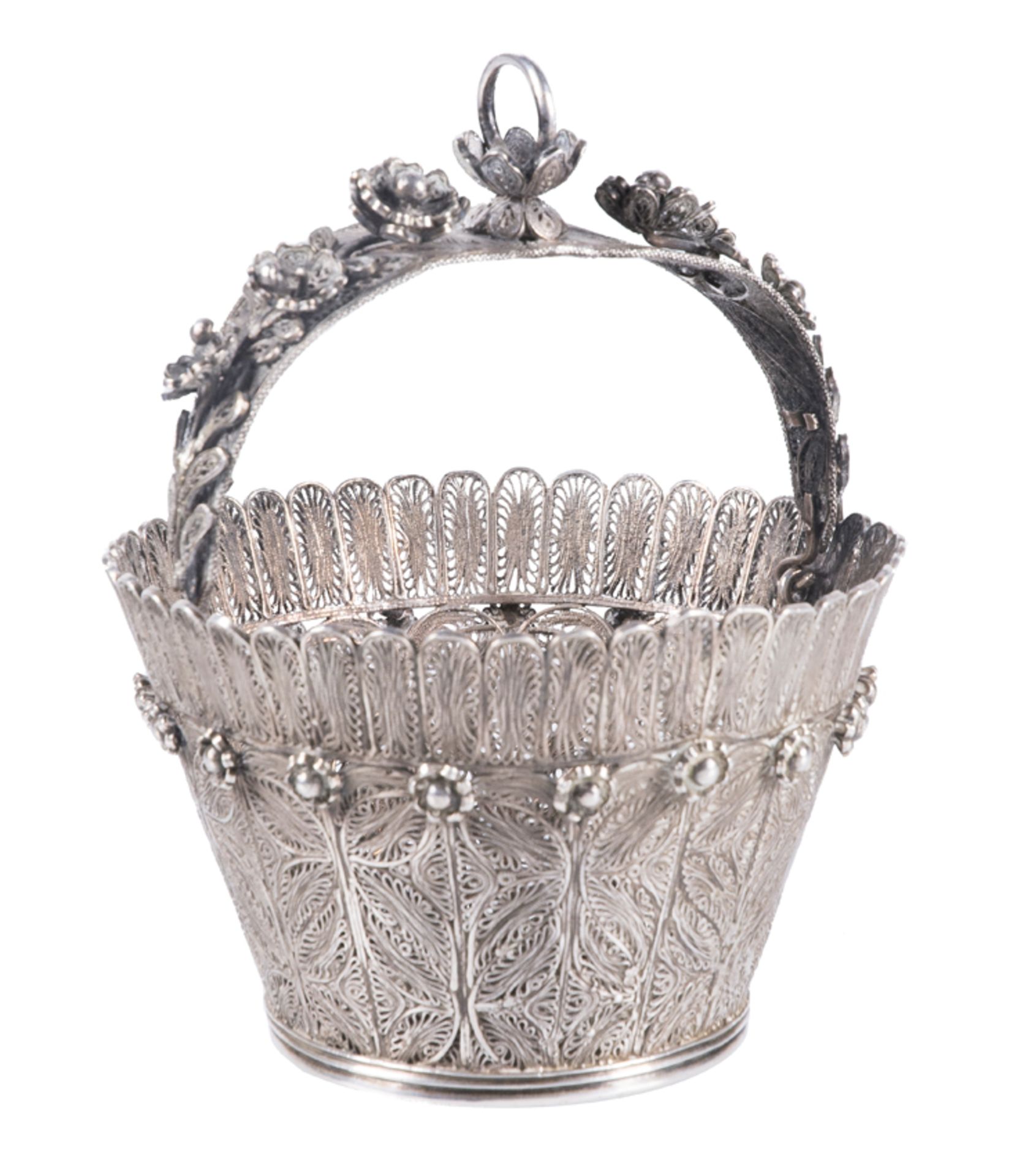 Silver filigree and cast silver scent bottle with applications in the shape of a basket. Colonial Sc