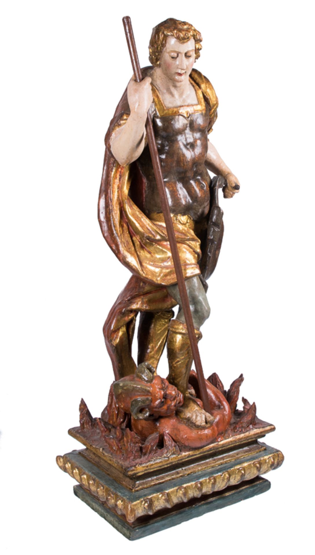 &quot;Saint Michael defeating the devil&quot;. Carved, gilded and polychromed wooden sculpture. Cast - Image 2 of 9
