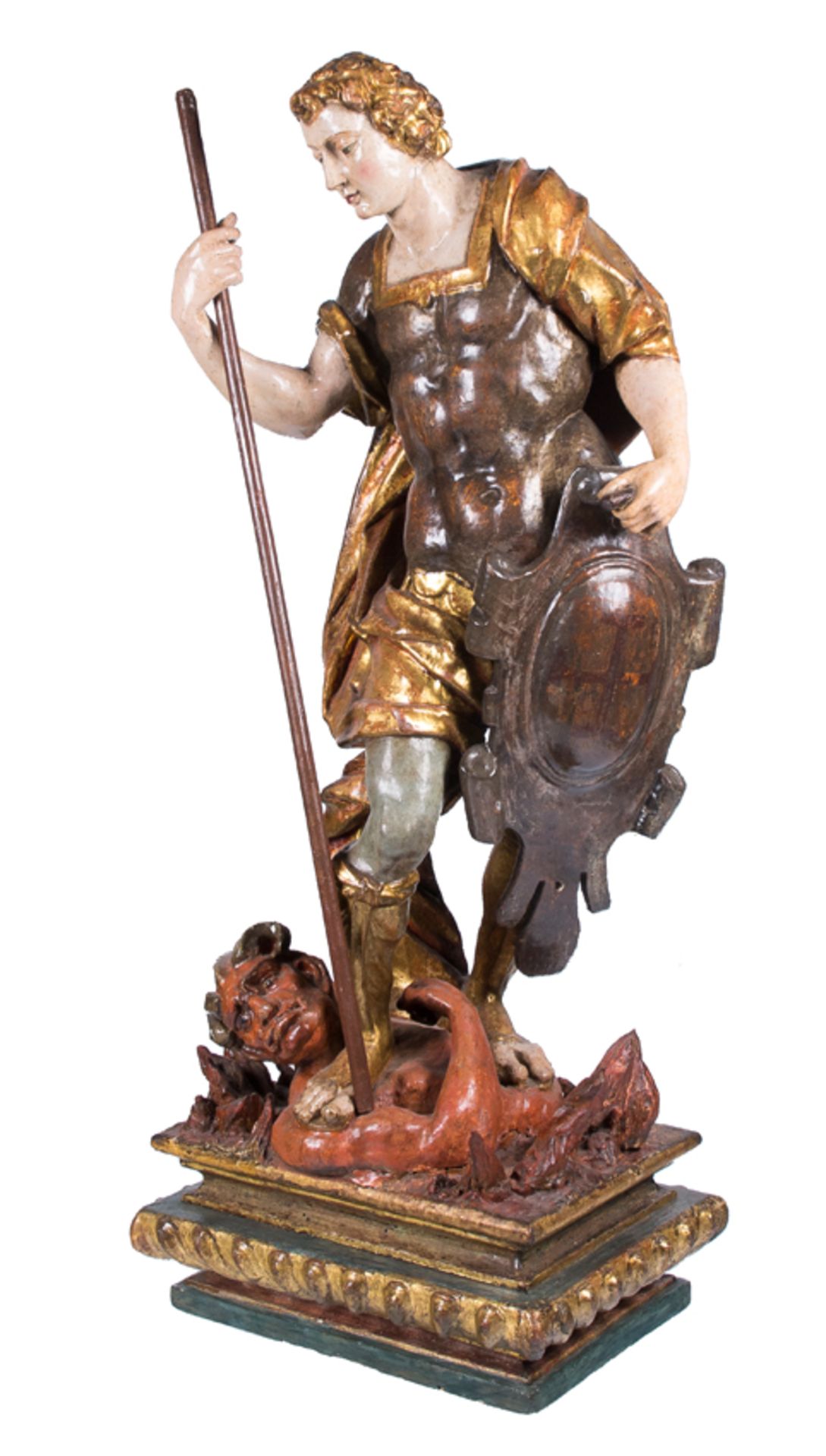 &quot;Saint Michael defeating the devil&quot;. Carved, gilded and polychromed wooden sculpture. Cast - Image 3 of 9