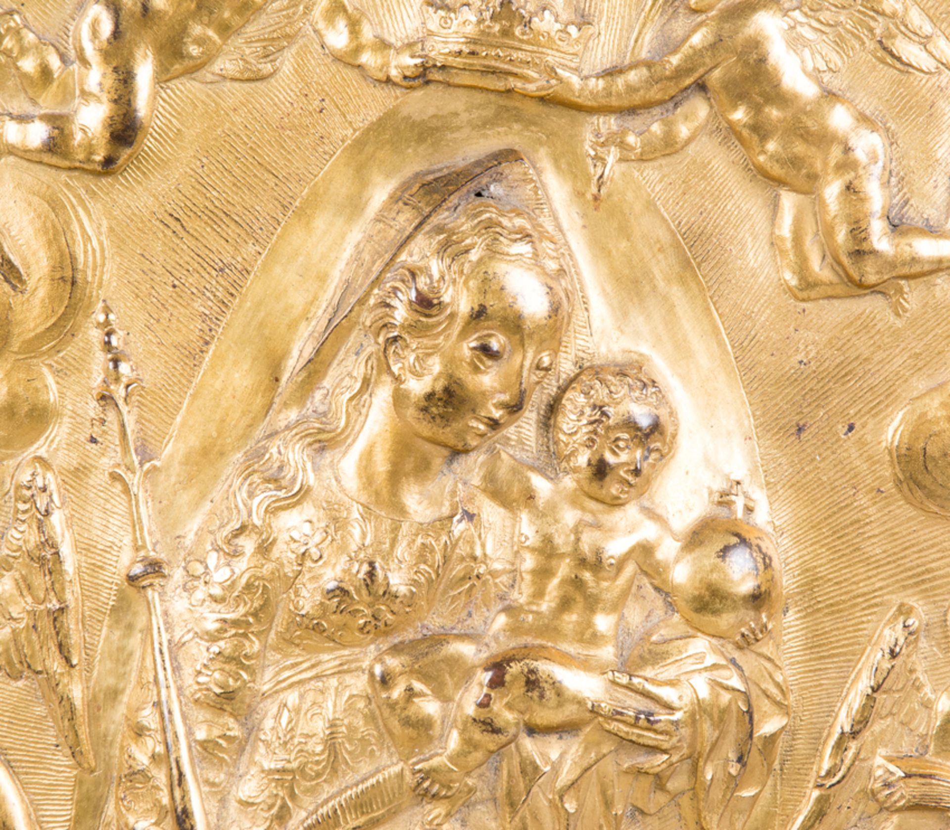 &quot;The Coronation of the Virgin Mary&quot;. Gilded and embossed copper relief. Flemish or Italian - Image 3 of 7