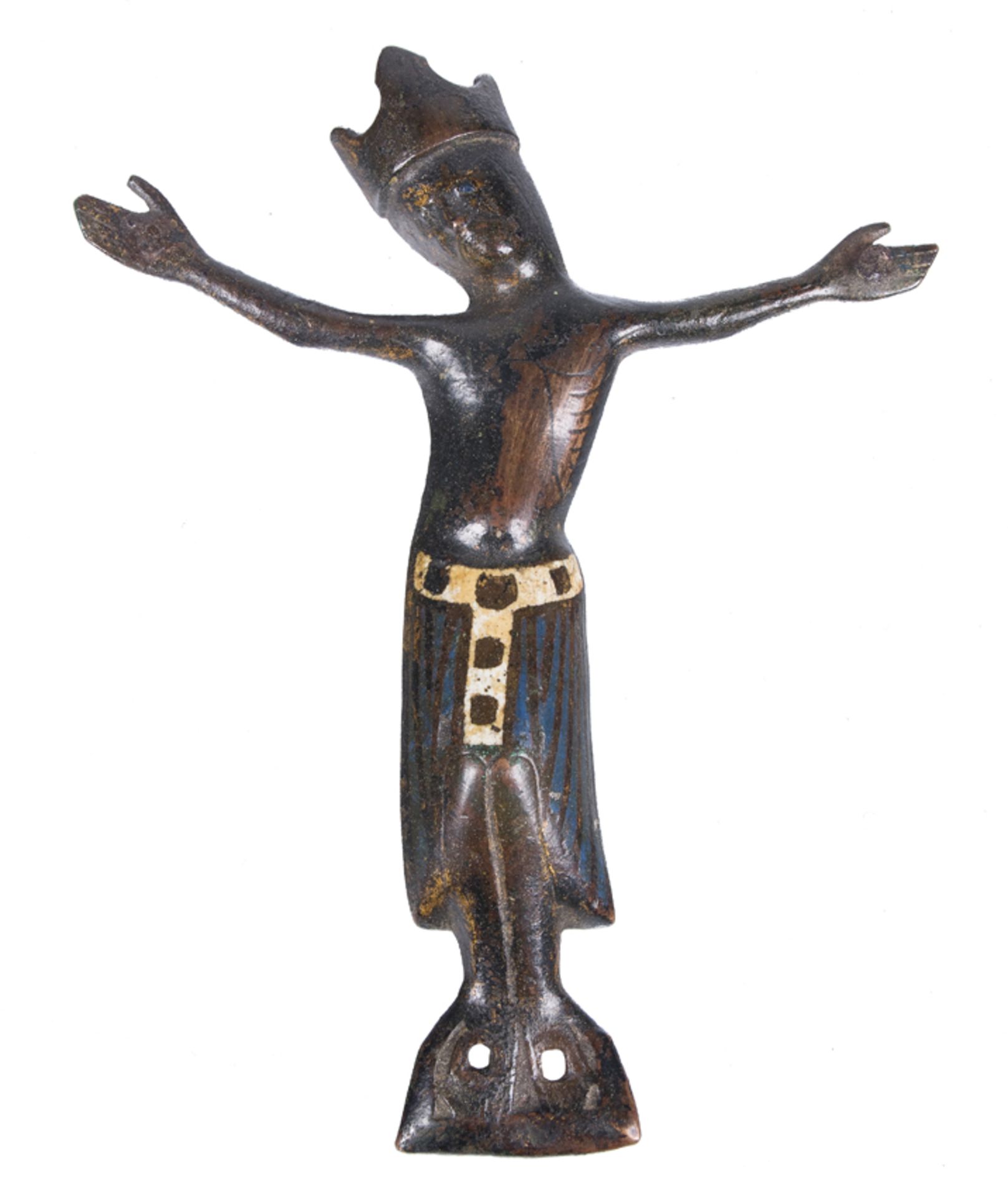 &quot;Christ alive&quot;. Chased copper figure, with traces of gilding and champlev&eacute; enamel.