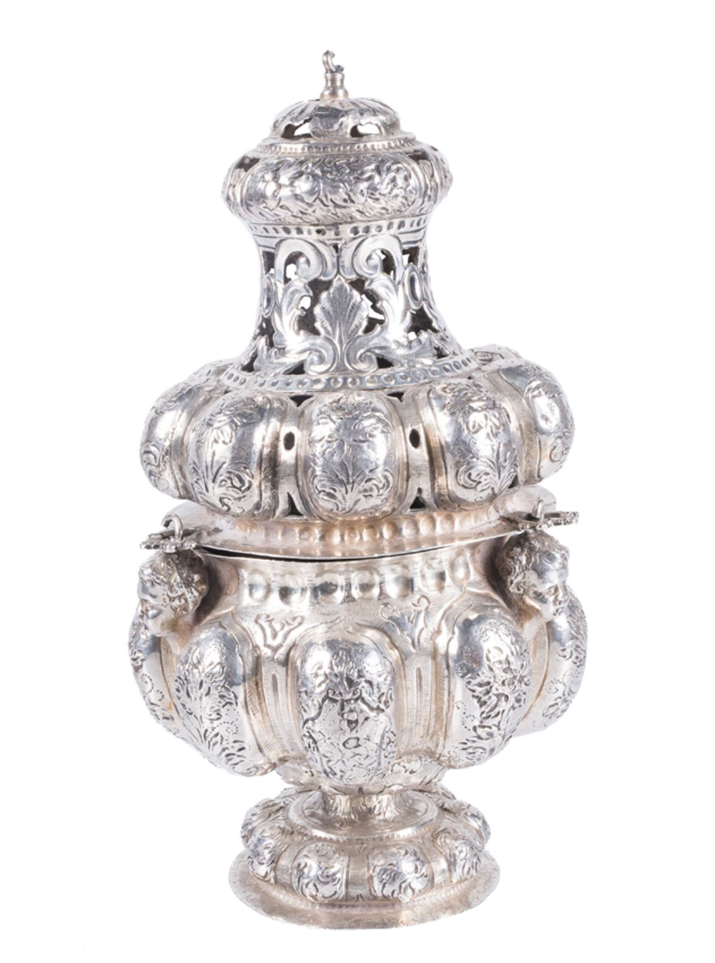 Large openwork, embossed and chiselled silver censer. 18th century.