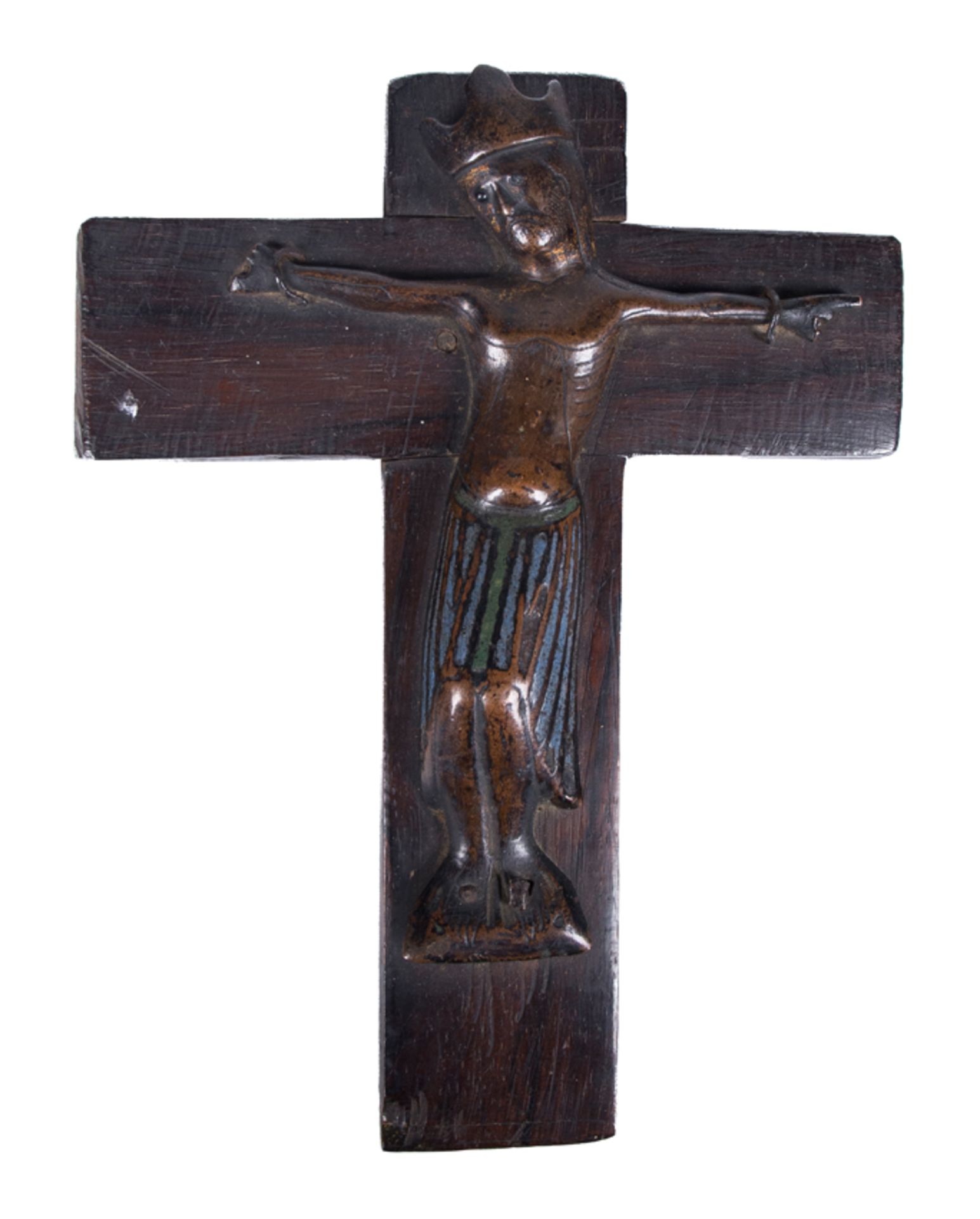 "Christ alive". Chased copper figure, with slight traces of gilding and champlevé enamel. Limoges.