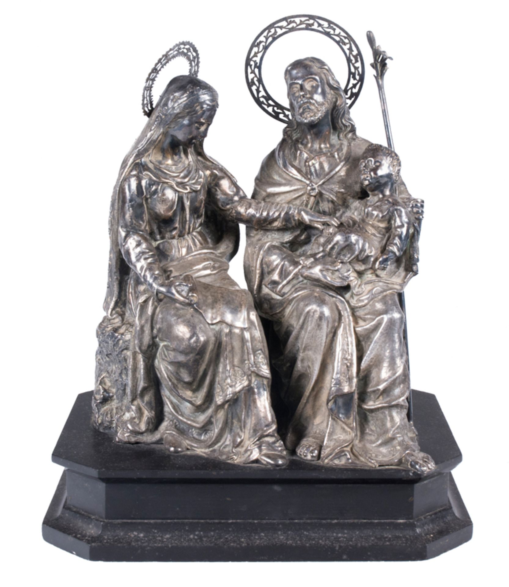 &quot;Holy Family&quot; Carved, chiselled and embossed silver sculptural group. Spanish school. 18th