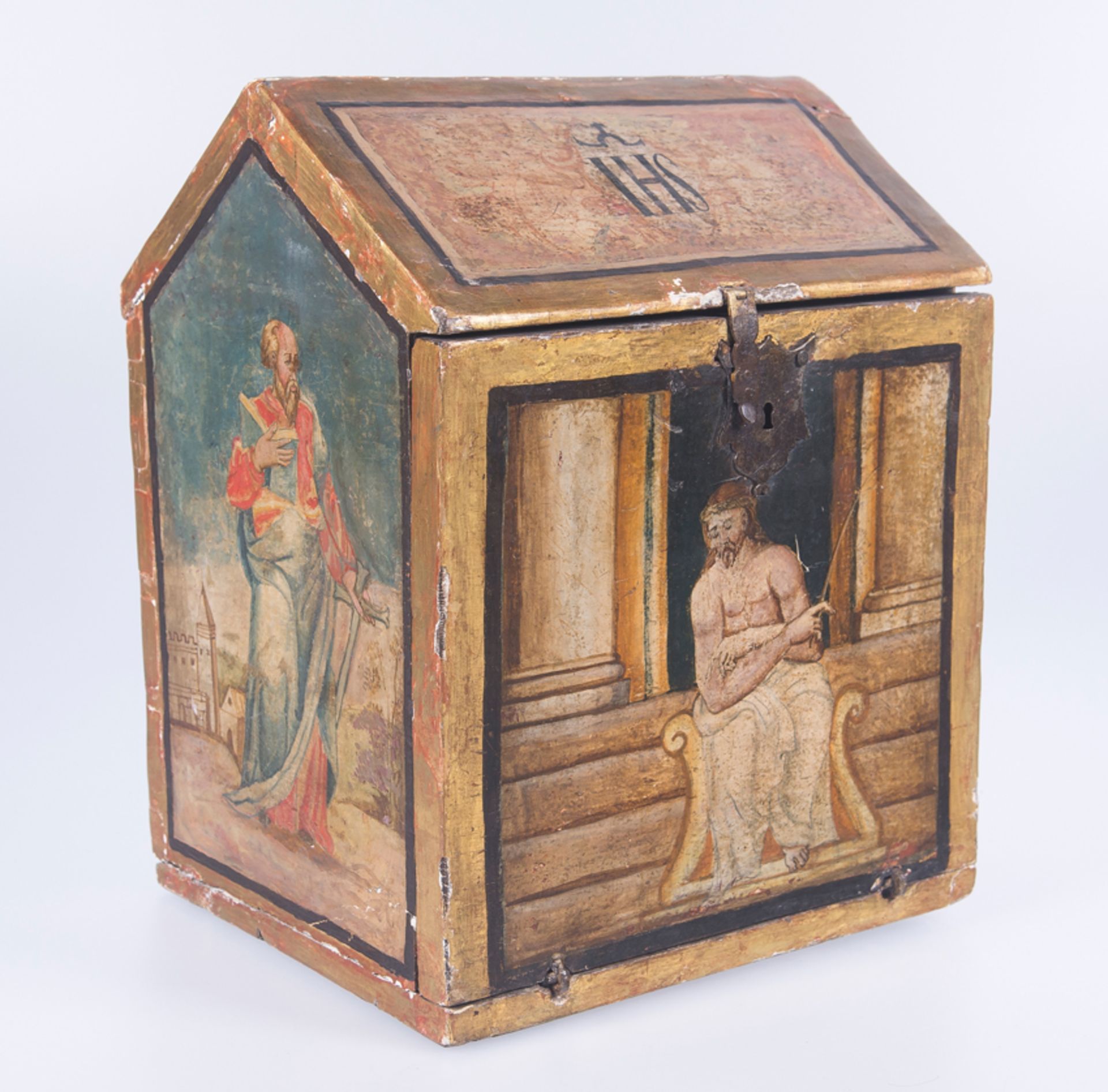 Small, carved, gilded, polychromed wooden eucharistic reliquary with a gabled roof or .. 16th-17th