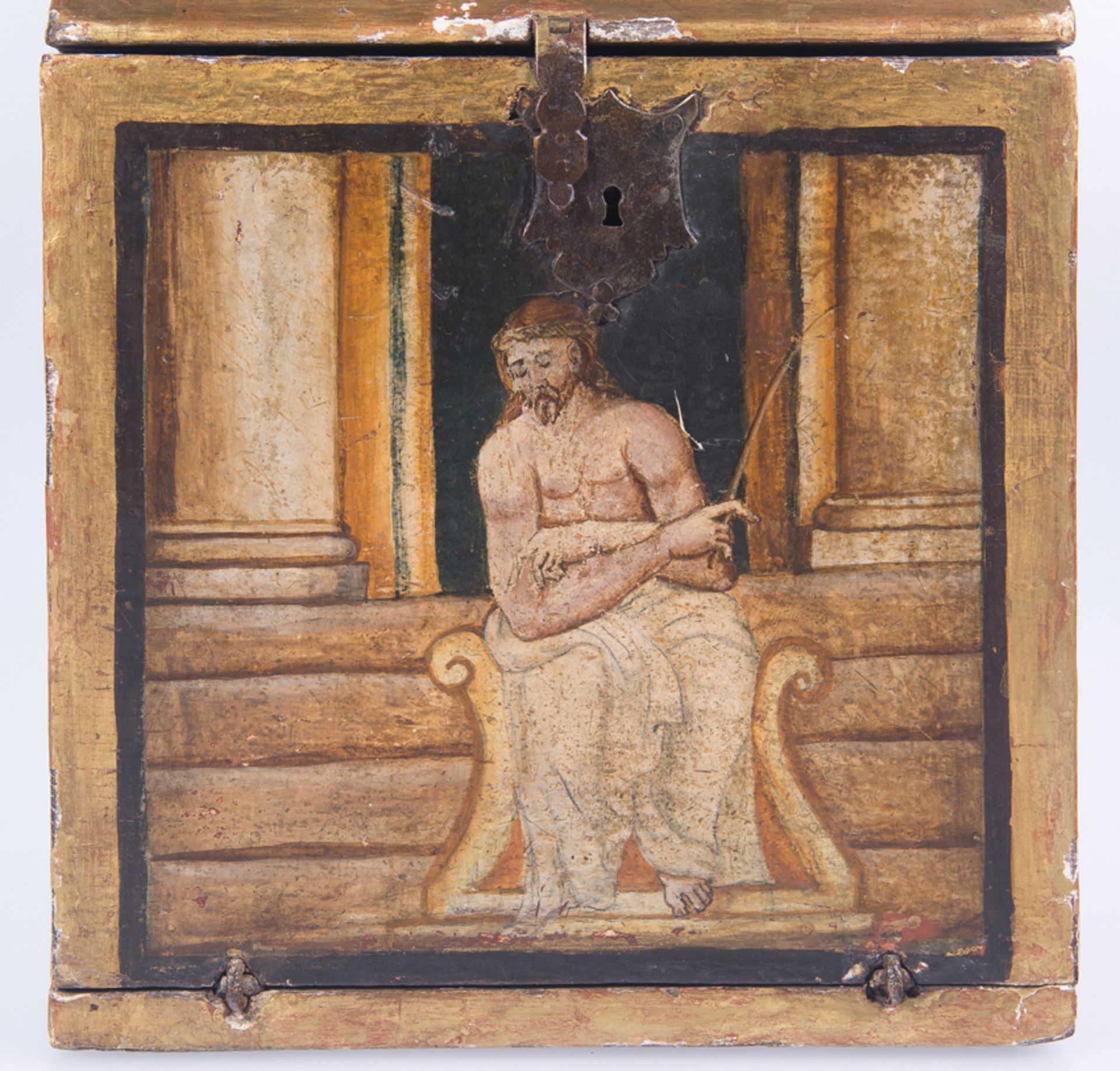 Small, carved, gilded, polychromed wooden eucharistic reliquary with a gabled roof or .. 16th-17th - Image 4 of 9