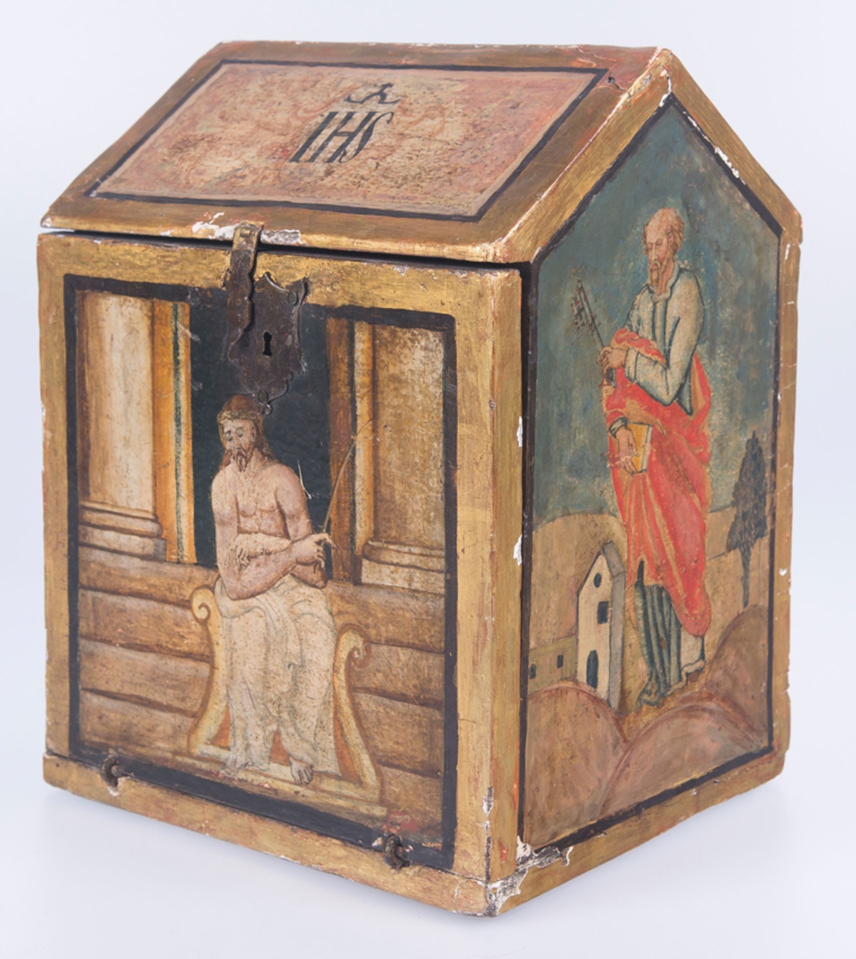 Small, carved, gilded, polychromed wooden eucharistic reliquary with a gabled roof or .. 16th-17th - Image 2 of 9