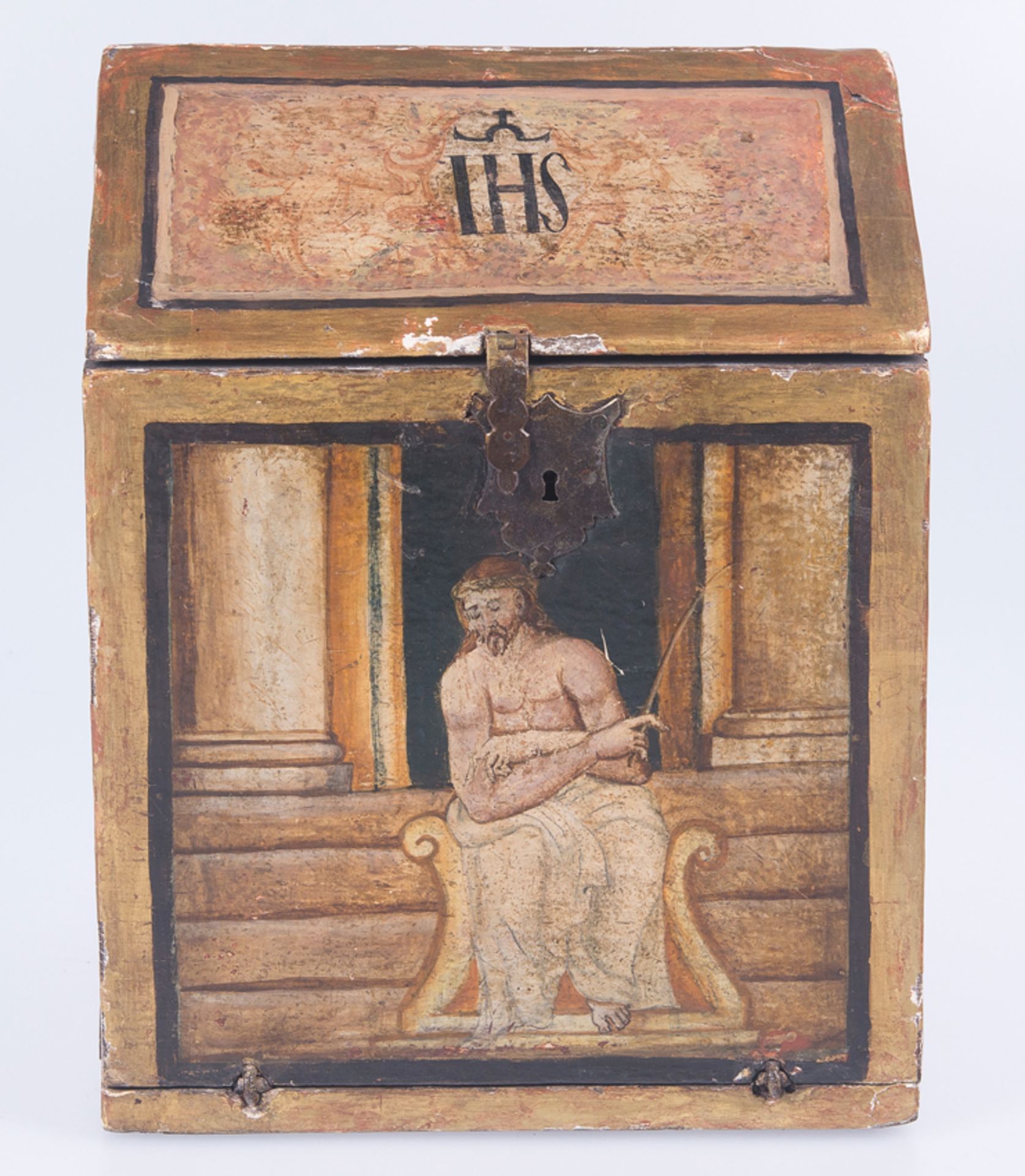 Small, carved, gilded, polychromed wooden eucharistic reliquary with a gabled roof or .. 16th-17th - Image 3 of 9