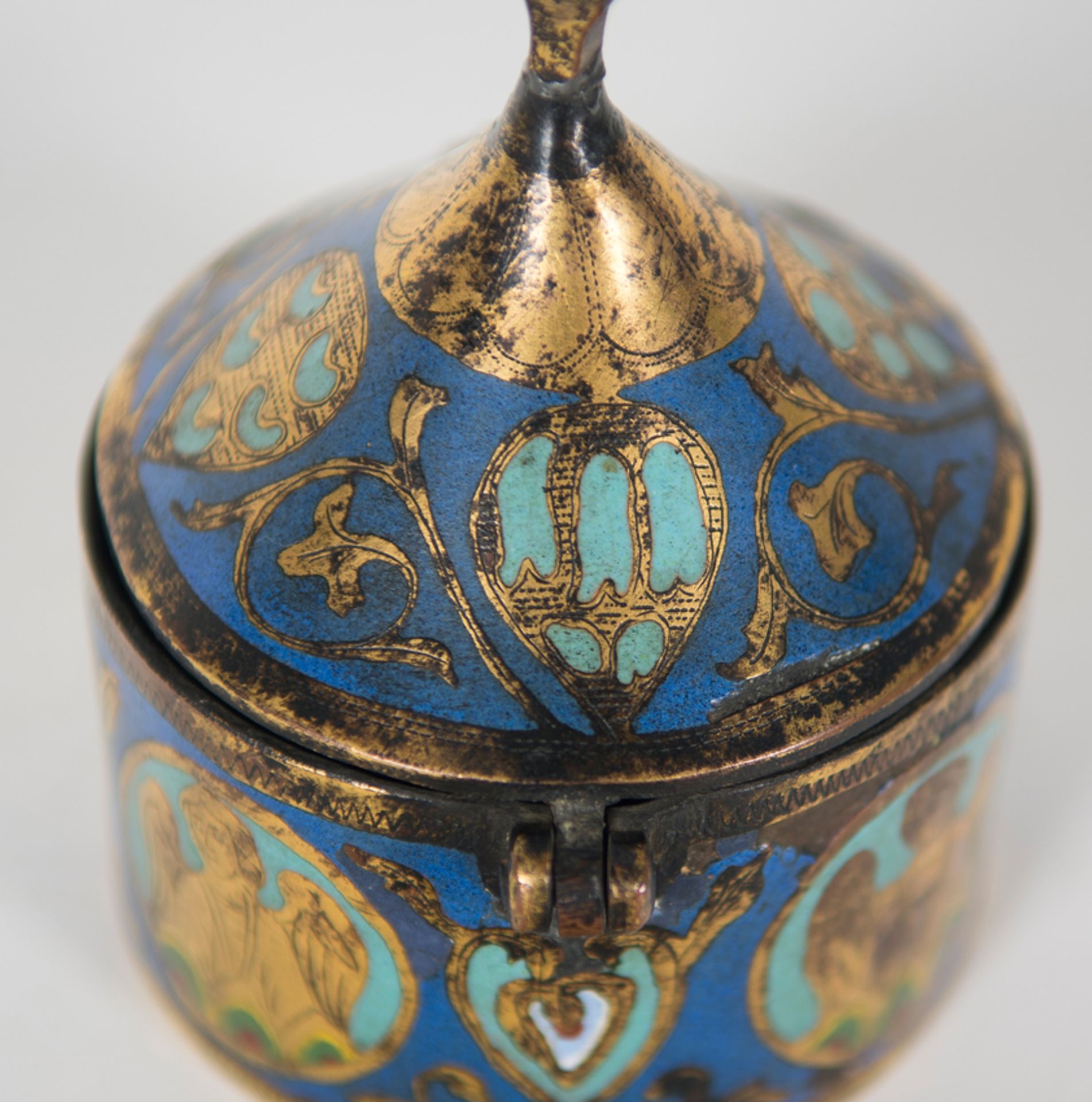 Copper gilt and engraved pyx, with champlev&eacute; enamel. Limoges. France. Romanesque. 13th centur - Image 9 of 16