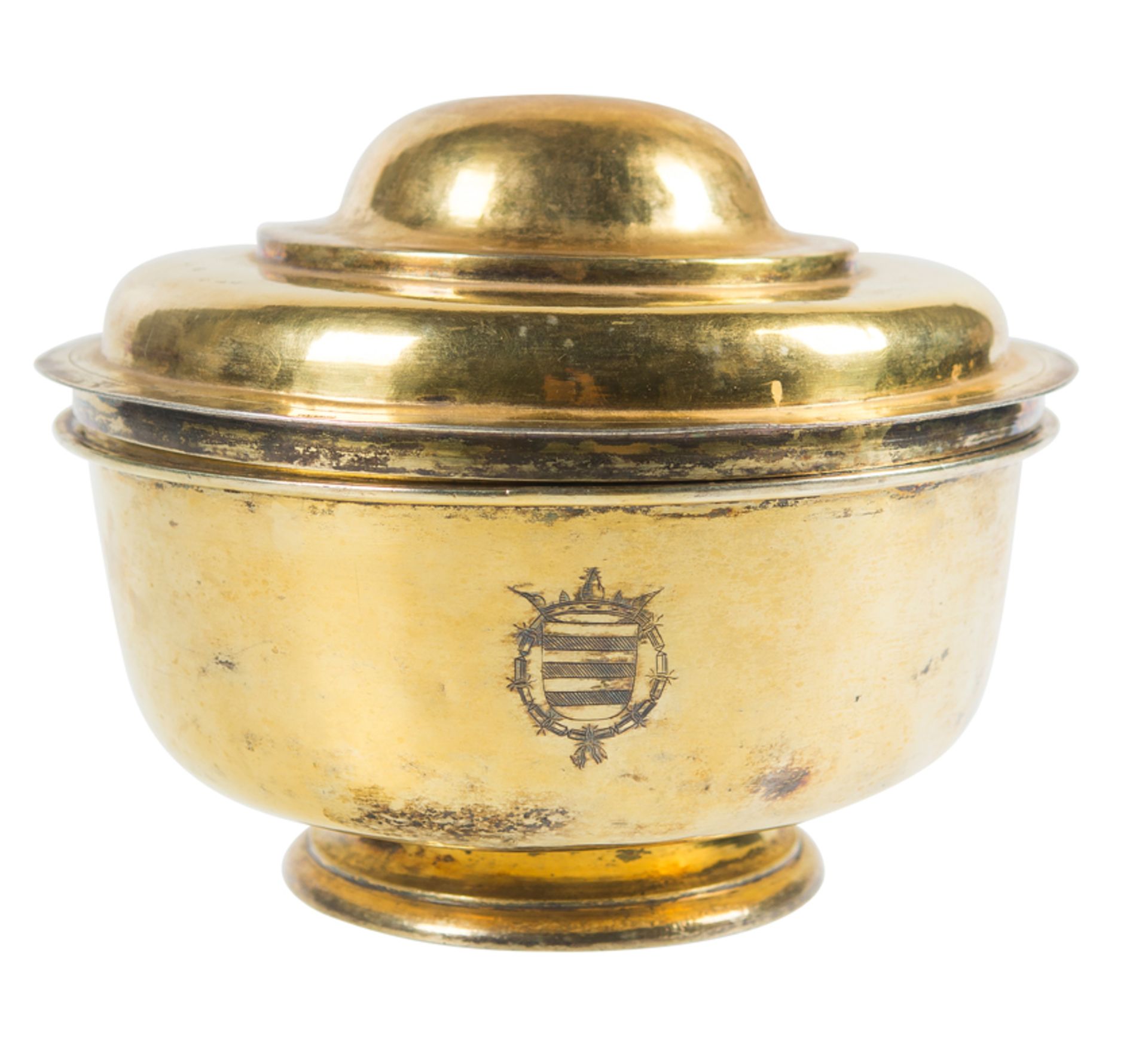 Embossed and gilded, moulded, chiselled, and engraved silver container with lid.&nbsp; Attributed to