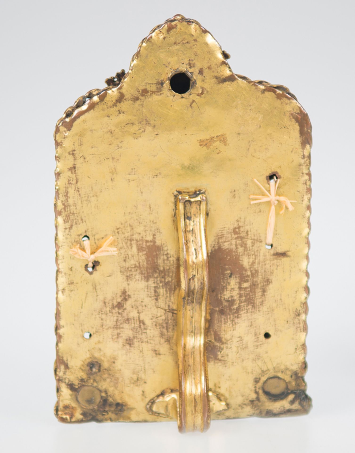 Imposing gilded copper, embossed, engraved, and enamelled pax-board&nbsp;with rock crystal cabochons - Image 9 of 10