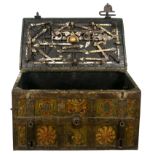 Wrought iron strongbox polychromed with damask effect. Nuremberg. 16th century.