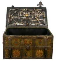 Wrought iron strongbox polychromed with damask effect. Nuremberg. 16th century.