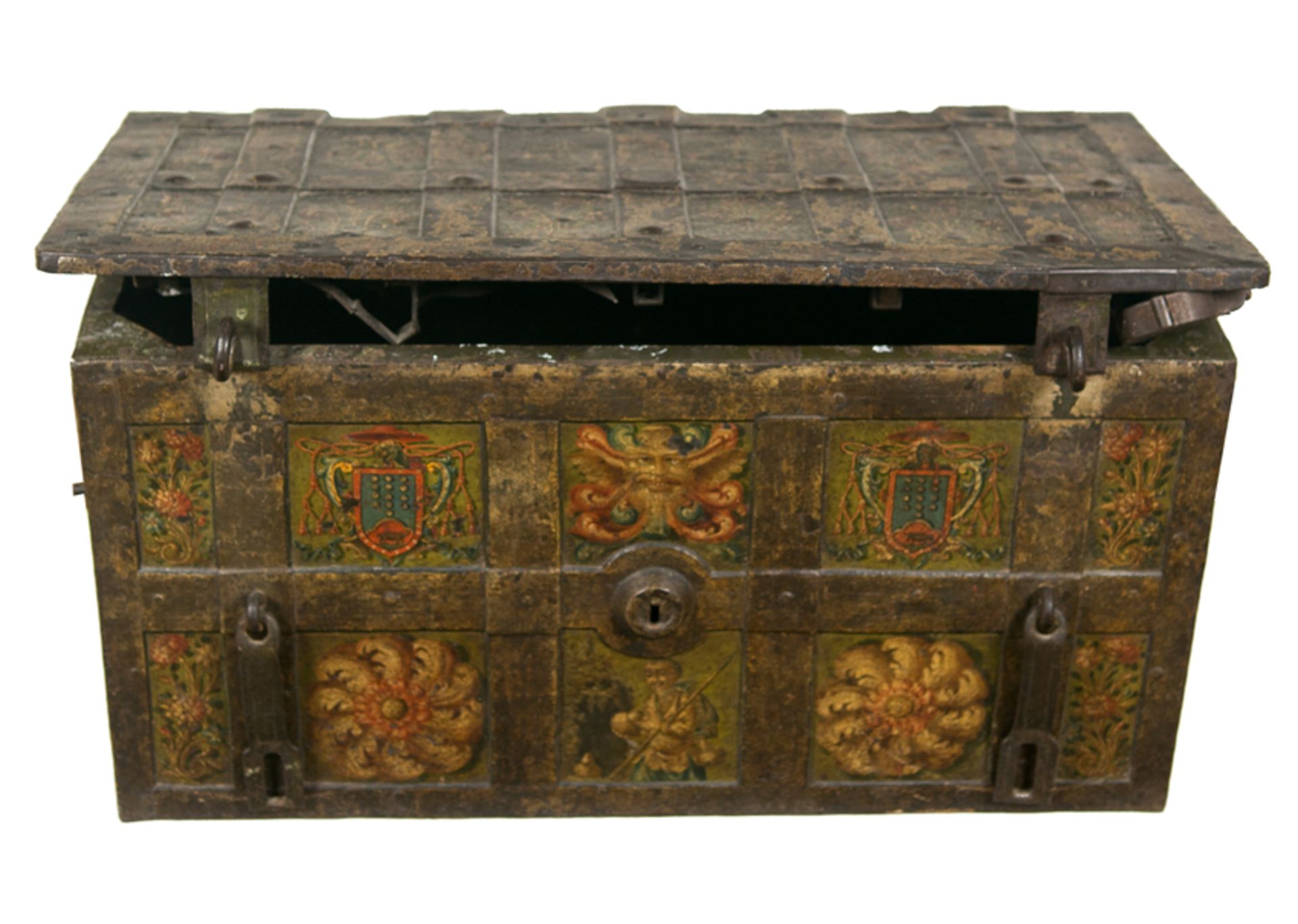 Wrought iron strongbox polychromed with damask effect. Nuremberg. 16th century. - Bild 4 aus 7