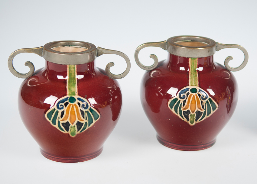 Pair of glazed ceramic vases with mouth and handles in silver-plated metal . Art Nouveau. Circa 1900