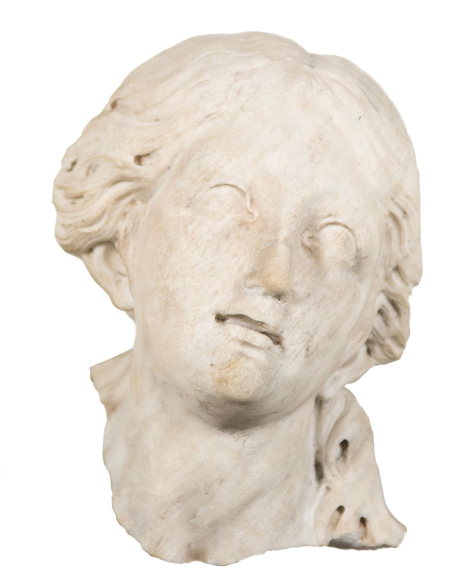 Woman&#039;s head.&nbsp; Sculpture in white marble.