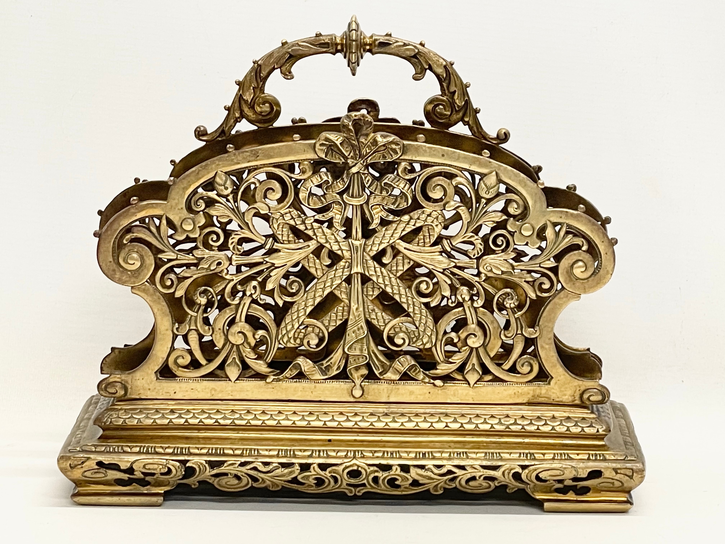 A large Victorian ornate brass desktop stationary letter holder. 31x13x27cm. - Image 4 of 8