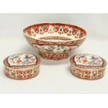 A 3 piece Panda pottery vanity set. A large washbowl and a pair of lidded trinket boxes. Bowl