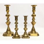 2 pairs of Victorian brass candlesticks. 25cm