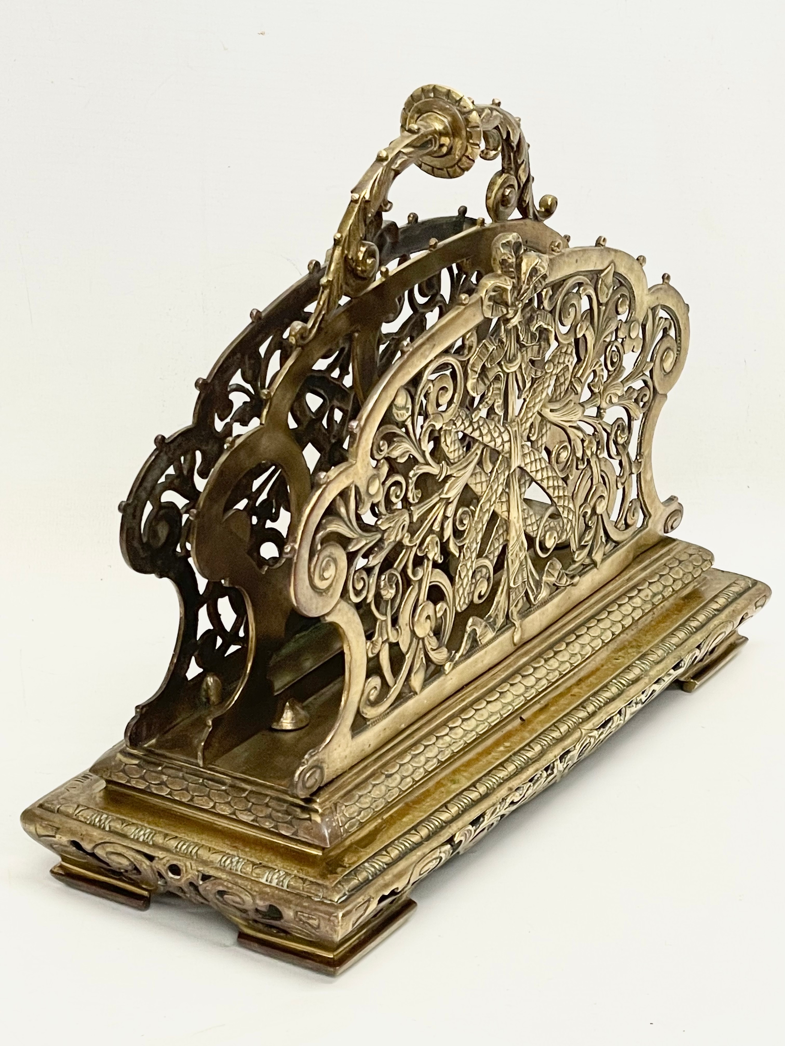 A large Victorian ornate brass desktop stationary letter holder. 31x13x27cm. - Image 7 of 8