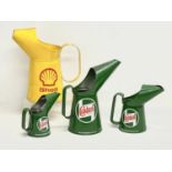 3 Castrol oil cans and a large Shell oil can. Largest Castrol 26cm. Shell 28cm