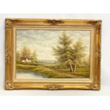 A large oil painting in gilt frame. Signed. Painting measures 75x50cm. Frame 96x71cm.