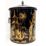 A vintage chinoiserie coal bin with lid and liner. 40cm