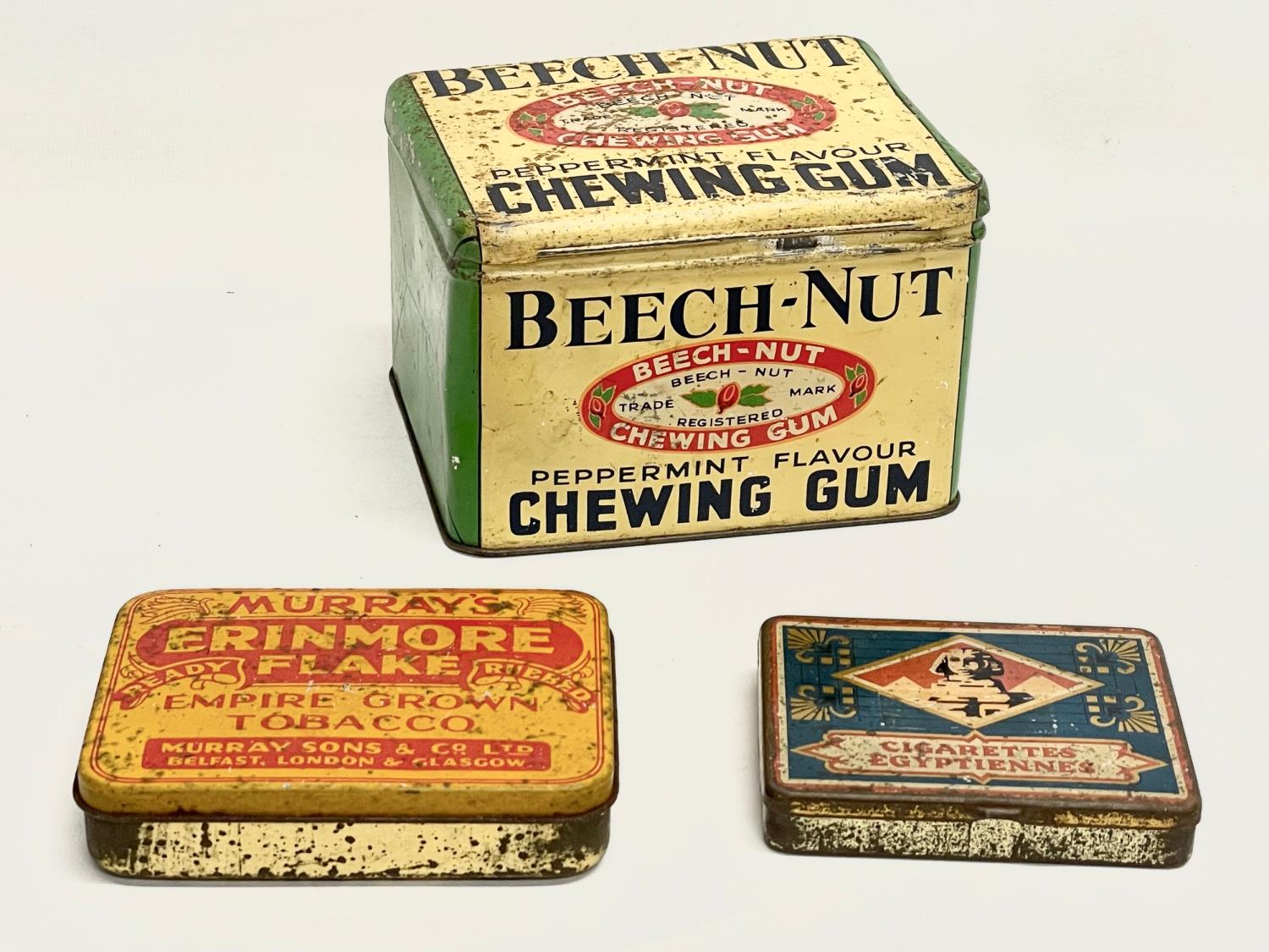 A vintage Beech-Nut Chewing Gum tin. A Murray’s Erinmore Flake Tobacco tin. Cigarettes Egyptiennes