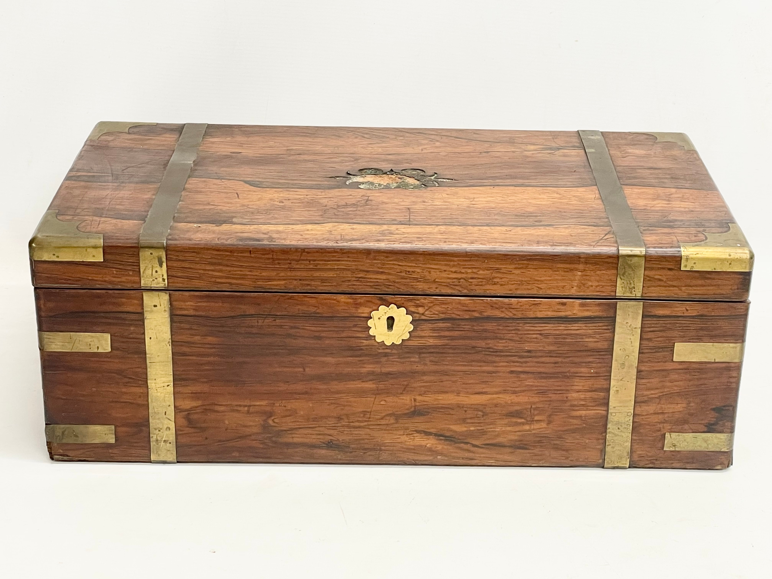 A large Victorian rosewood brass bound writing slope. Closed 51x27x18cm. - Image 2 of 7