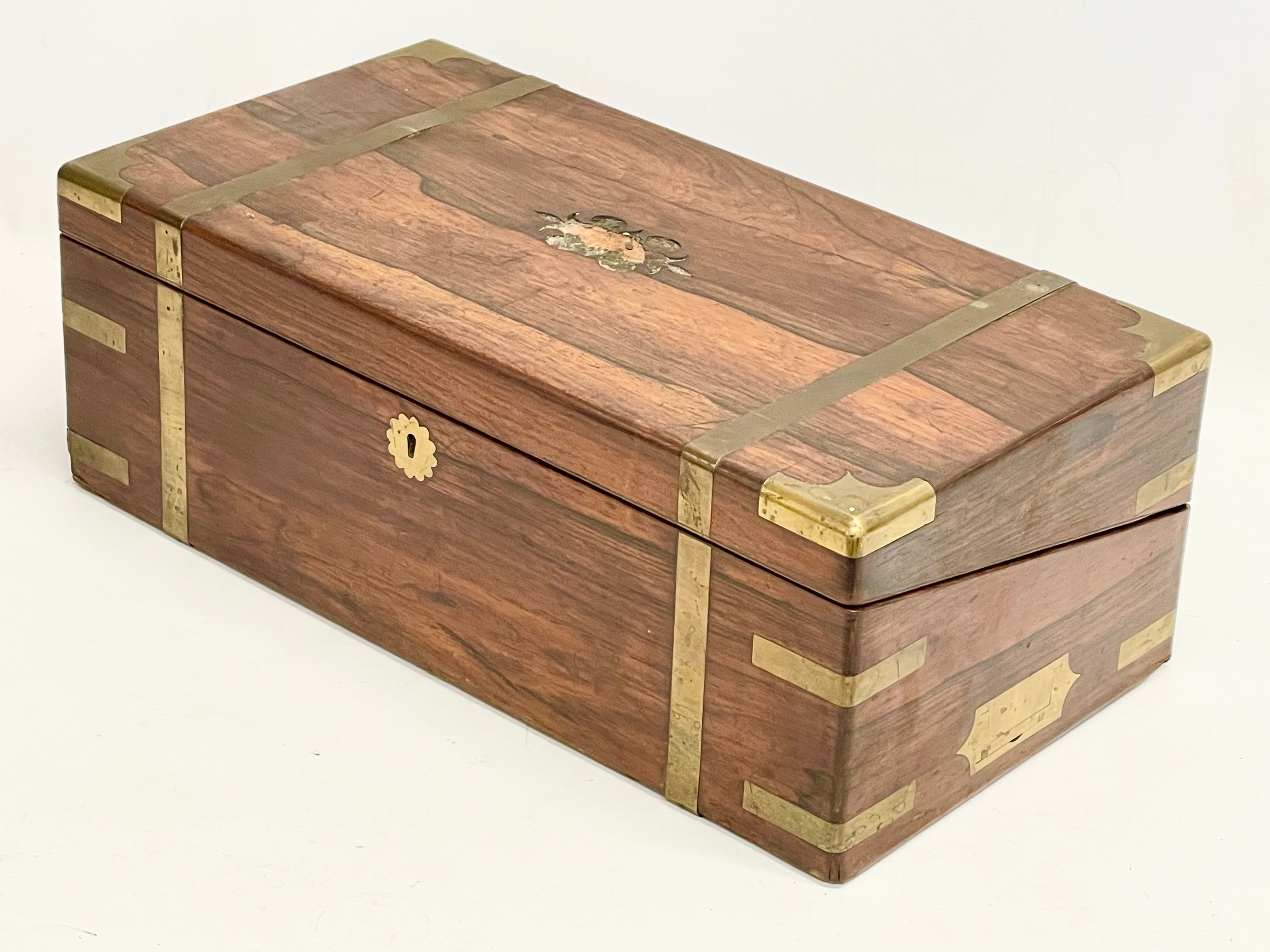A large Victorian rosewood brass bound writing slope. Closed 51x27x18cm. - Image 7 of 7