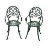 An alloy garden table and 2 chairs. 75x72cm