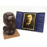 A sundry lot including a signed carved wooden bust. Bust measures 19x18.5x31cm