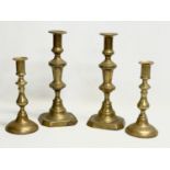 2 pairs of Victorian brass candlesticks. Largest 26cm