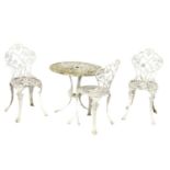 A vintage cast alloy garden table and 3 chairs. 69x65cm
