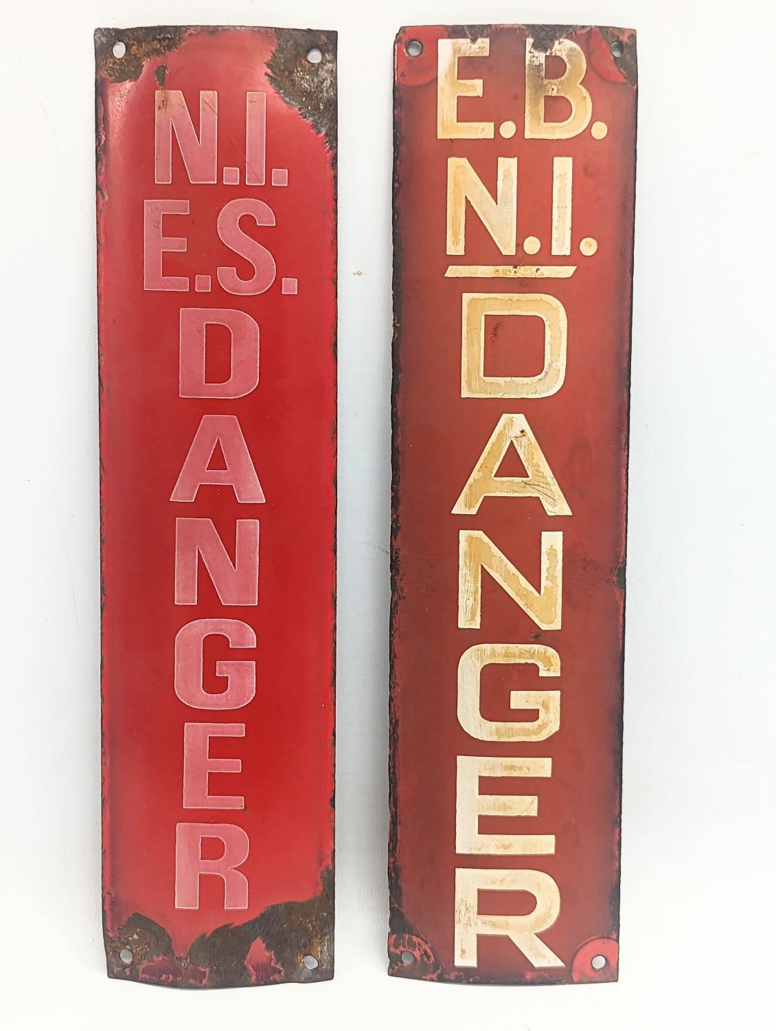 A near pair of vintage enamel signs. E. B. N. I. Danger. 7.5x30.5cm