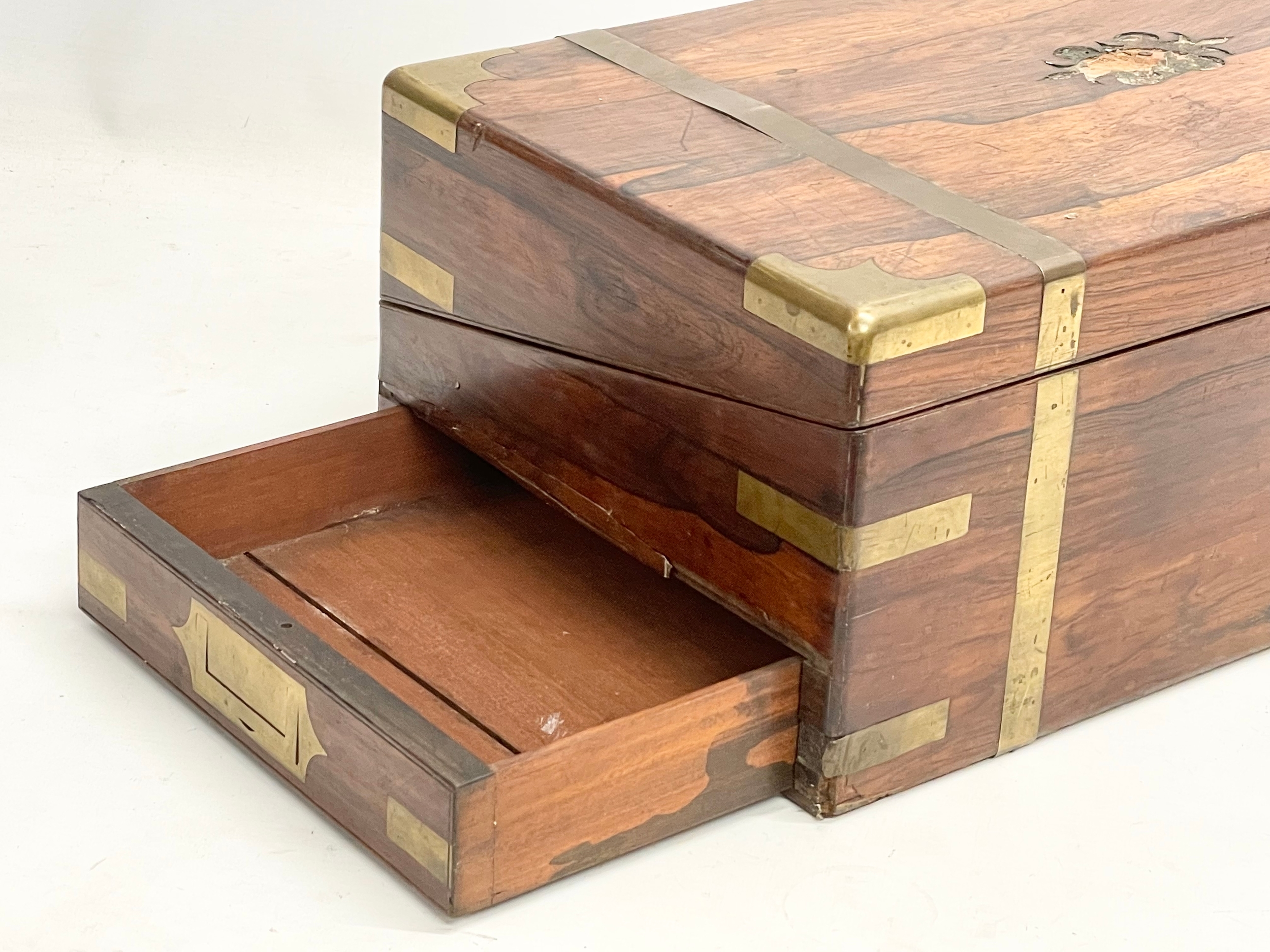 A large Victorian rosewood brass bound writing slope. Closed 51x27x18cm. - Image 5 of 7