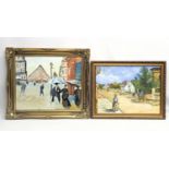 2 vintage gilt frame oil paintings, 1 inspired by Gustave Caillebotte's 'Paris Street: Rainy Day.'
