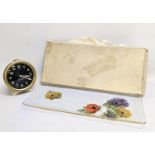 A vintage Baby Ben clock with Mid Century glass tray in original box. Tray measures 34x15cm