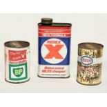 3 vintage unopened oil cans. An Esso Extra Motor Oil. A BP Super V Visco Static. A Redex New