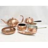 6 pieces of copper ware. Including a large kettle and a Stockli Netstal pot with handle. Kettle